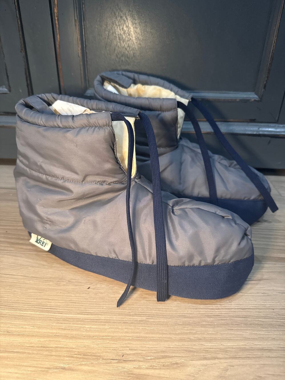 Vintage REI Down Filled Cabin Tent Booties Blue Leather Sole Slippers Sz S